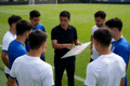 足球教练在场边手持战术板向球员讲解阵型,球员们围拢聆听,比赛间隙暂停,背景是绿茵场和球门